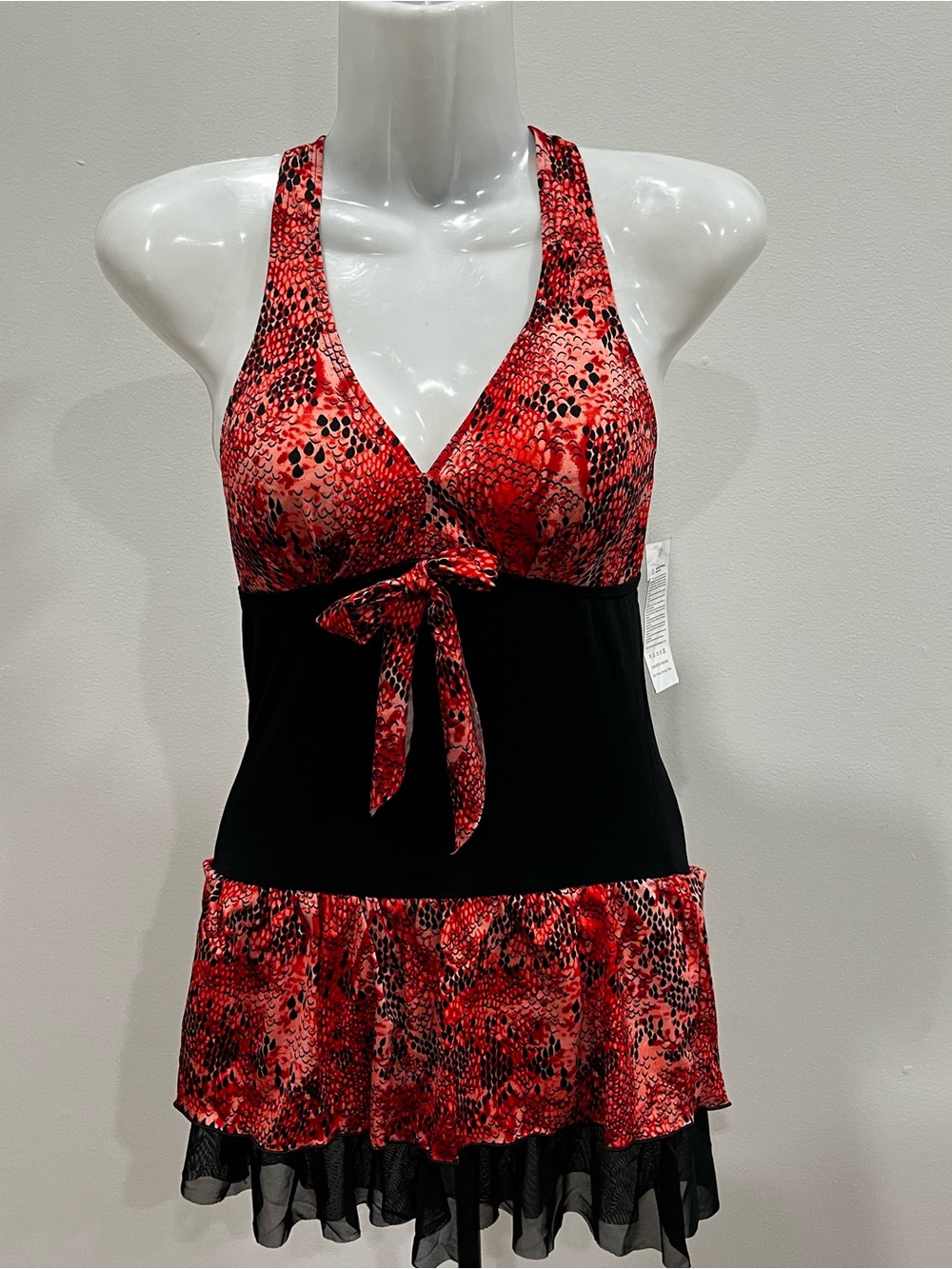 Grunge Red & Black Printed Halter Swimdress